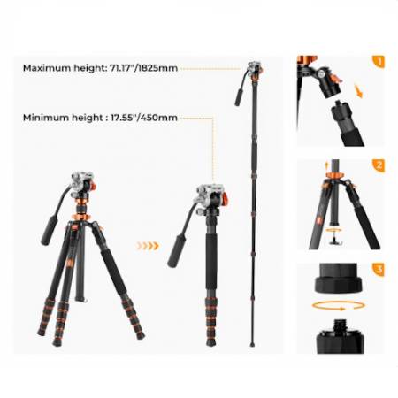 K&F Concept KF4967 O255C4 + FH-03 - zestaw, statyw video Carbon O255C4 z trybem monopodu + głowica video FH-03